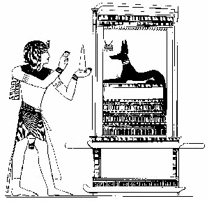 Egyptian priest giving MFKTZ to Anubis often depicted as a jackal. He was the Egyptian god of the underworld who guided the spirits of the dead into the afterlife